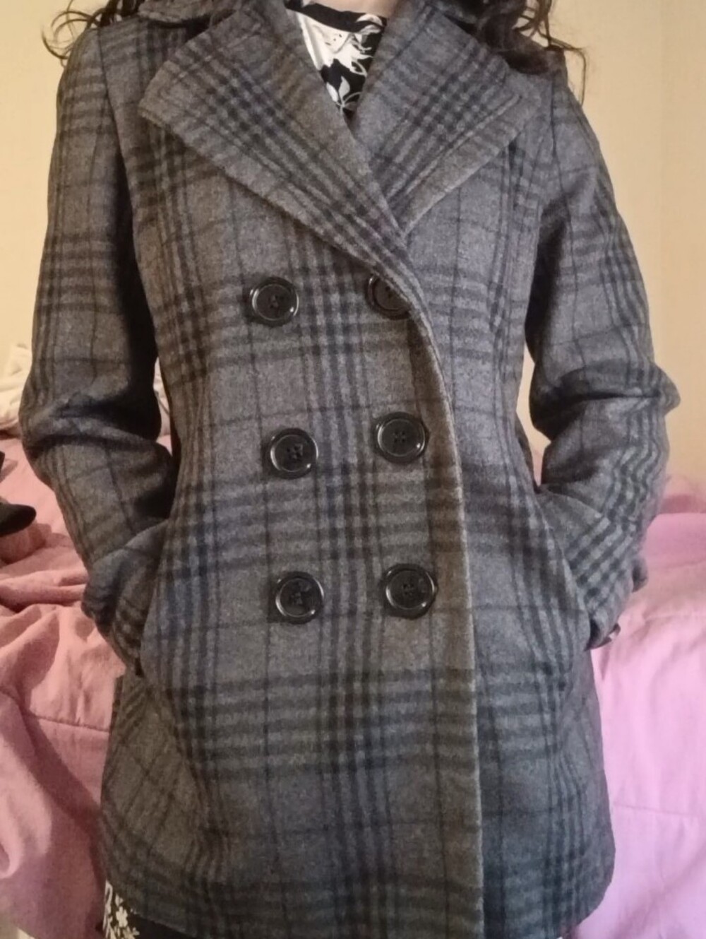 New York & Company Dark Plaid Wool Coat